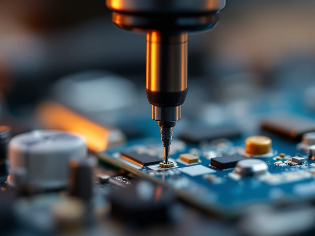 Electric precision screwdriver bit inserted into a small screw on a circuit board in macro detail