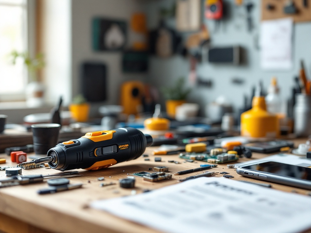 Electric precision screwdriver on a workbench next to a disassembled phone and repair tools