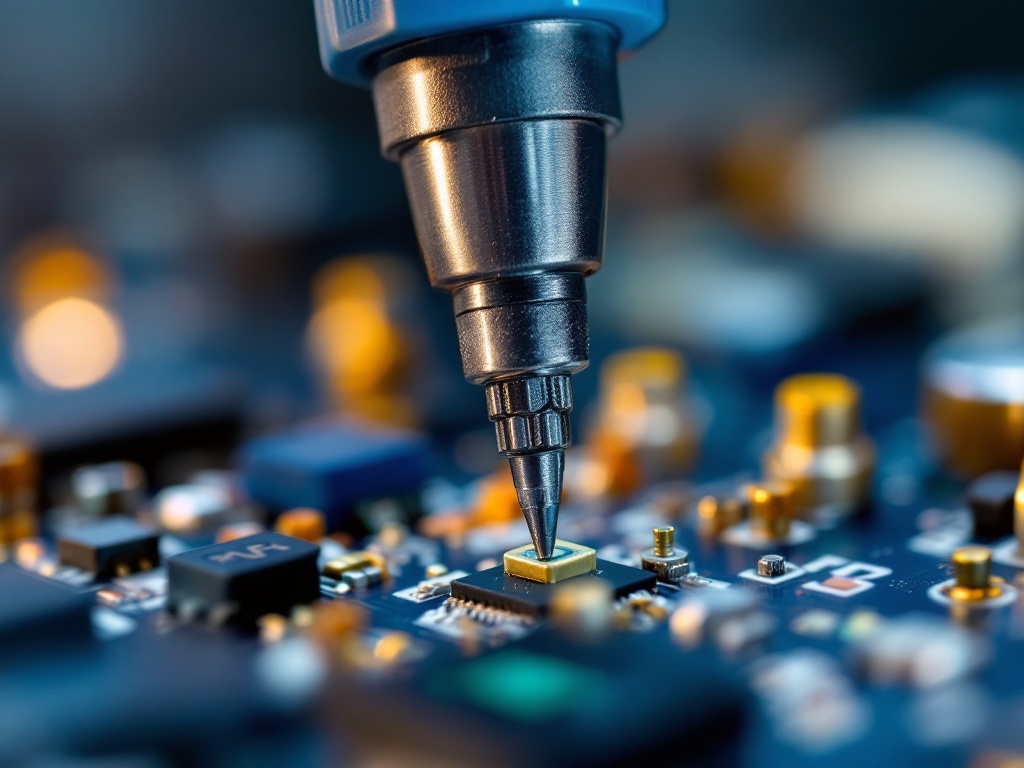 Electric precision screwdriver bit inserted into a small screw on a circuit board in macro detail