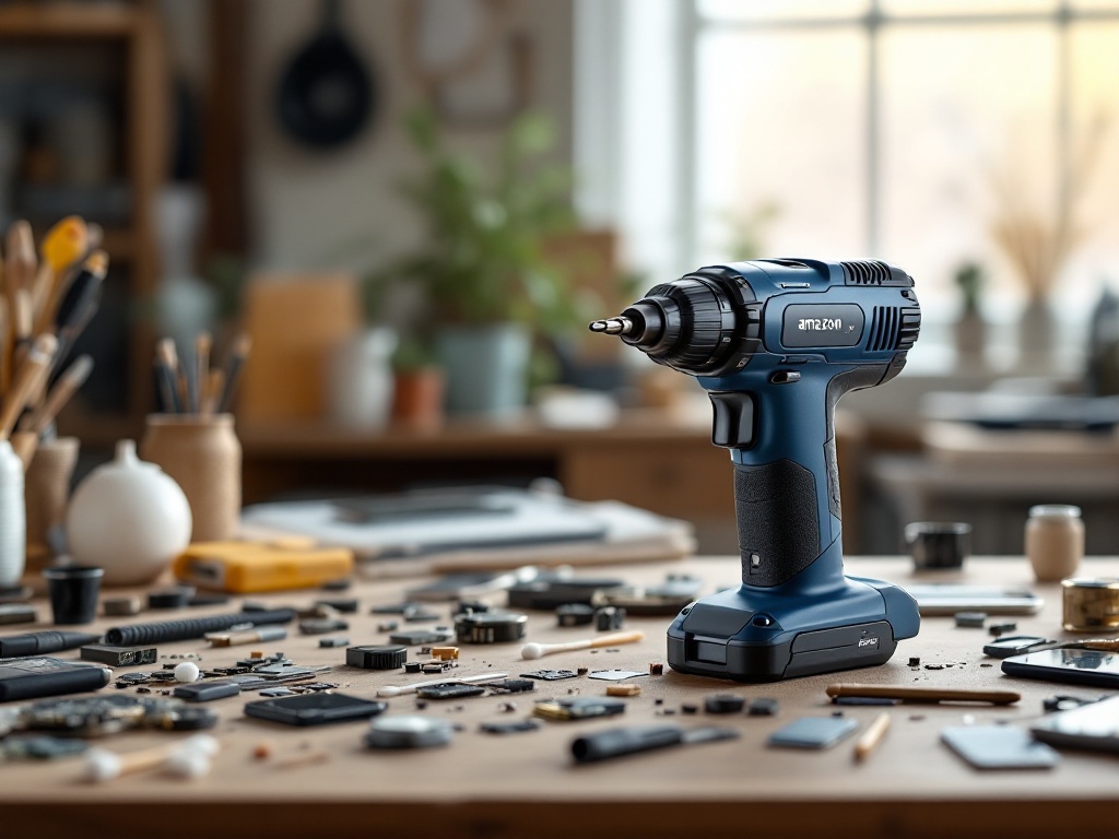 Electric precision screwdriver on a workbench surrounded by phone repair tools and components