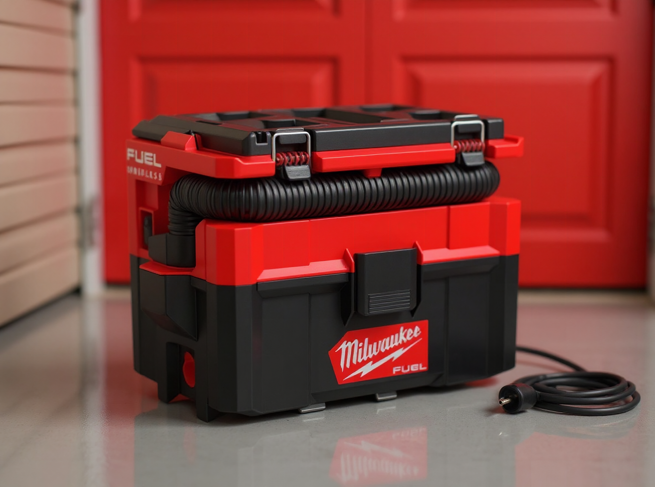 Milwaukee M18 FUEL wet/dry vacuum on a garage floor in daylight, front-angled view