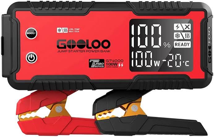portable car jump starter — in use