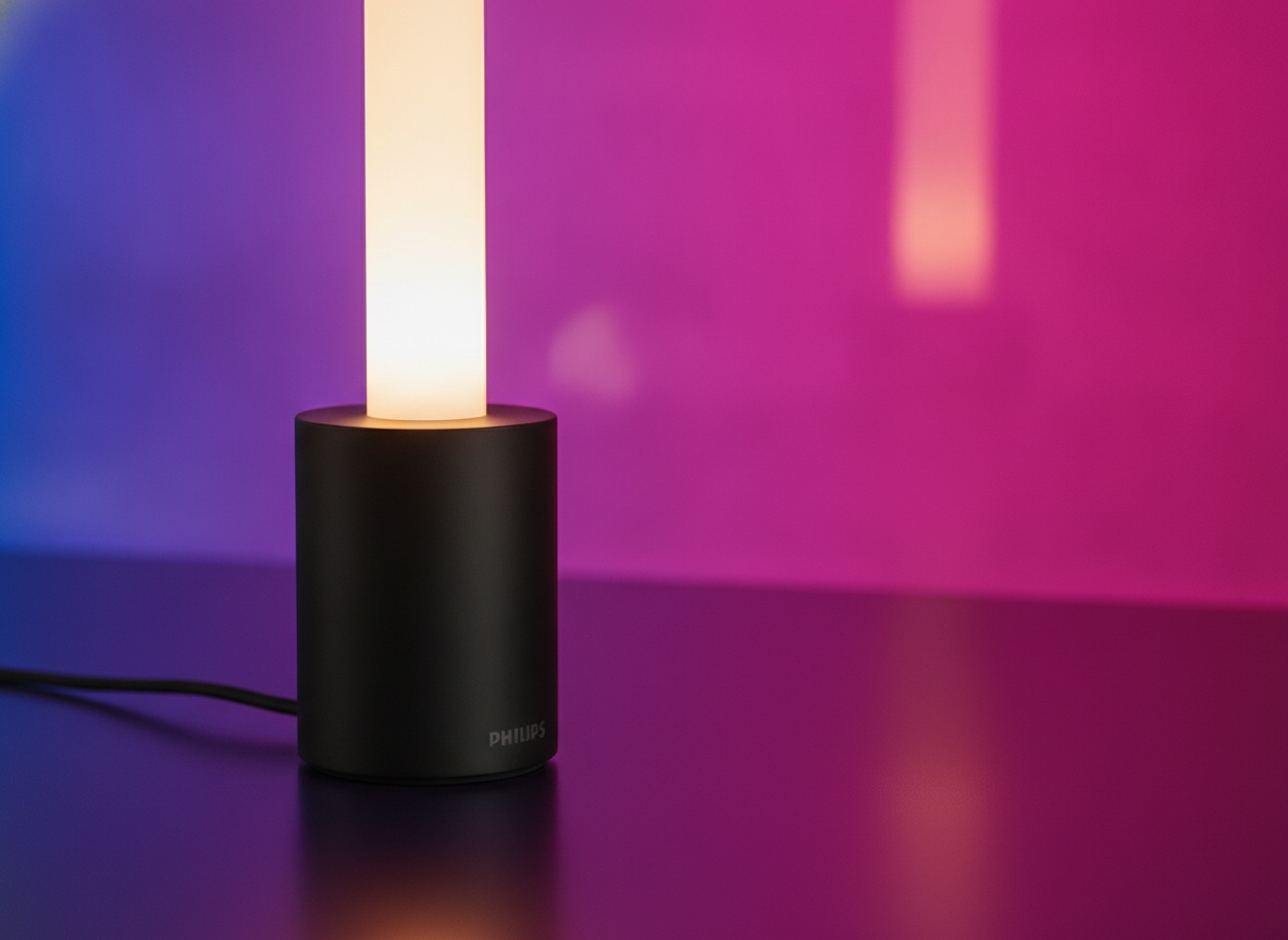 Close-up of Philips Hue Signe lamp's frosted glass cylinder with warm white glow and black base