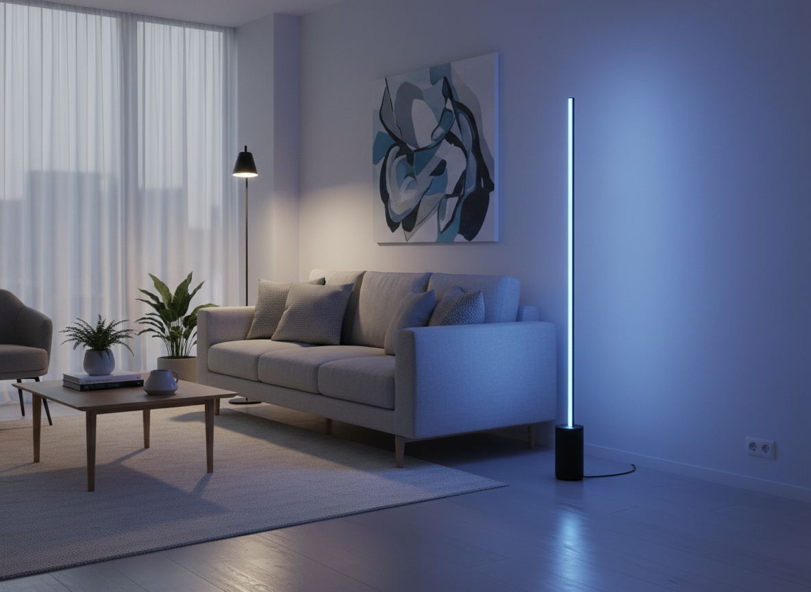 Hue Signe floor lamp casting blue ambient light in a modern living room corner next to gray sofa