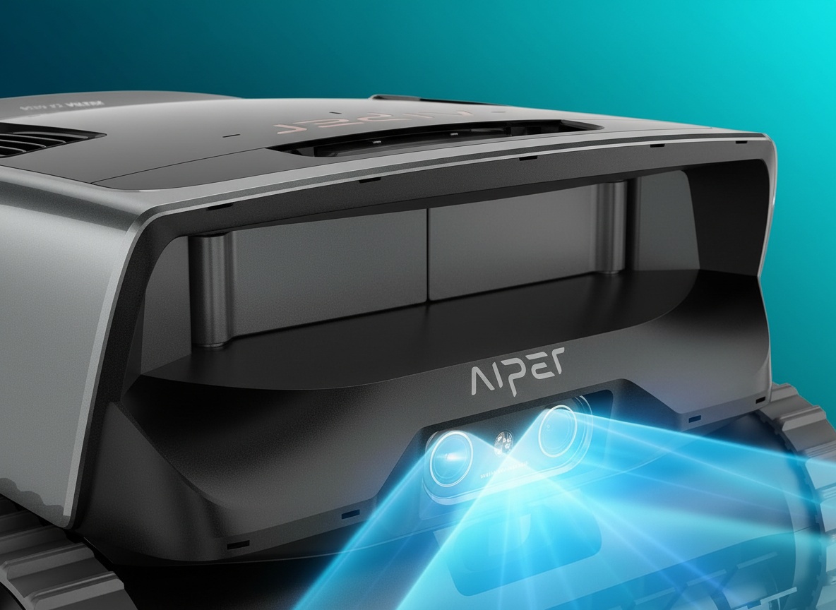 Macro close-up of Aiper Scuba V3 Ultra dual cameras and grey robotic body detail