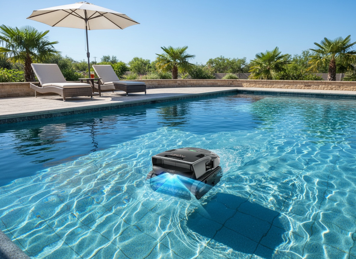 Aiper Scuba V3 Ultra robotic pool cleaner operating in outdoor residential pool during daytime
