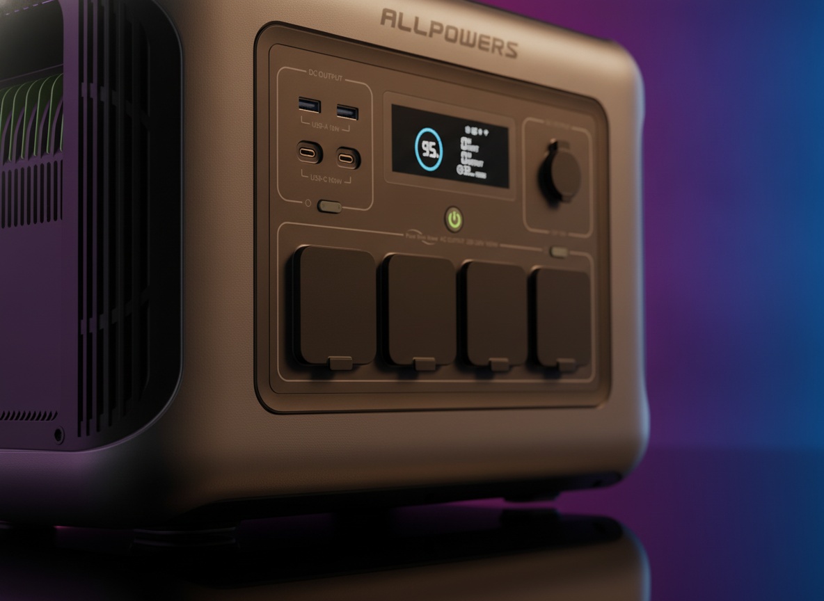 Close-up of R1500 Lite's digital display and USB-C charging ports on brushed metal surface