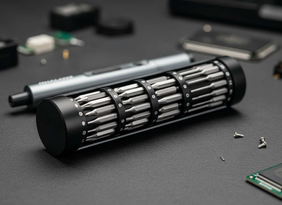Macro close-up of grey cordless screwdriver with magnetic rotatable bit rack and precision bits in sharp detail