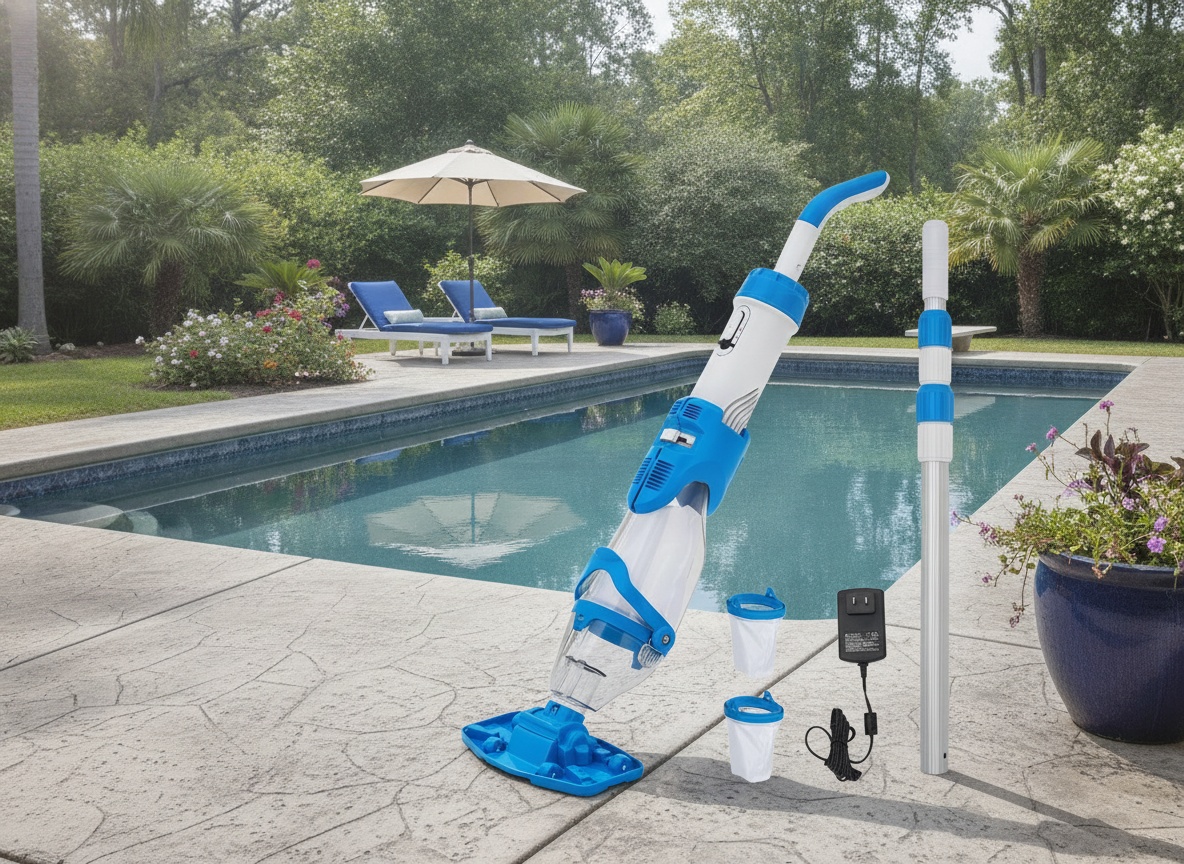 Garvee pool cleaner with extended telescopic pole positioned beside an inground pool during daytime