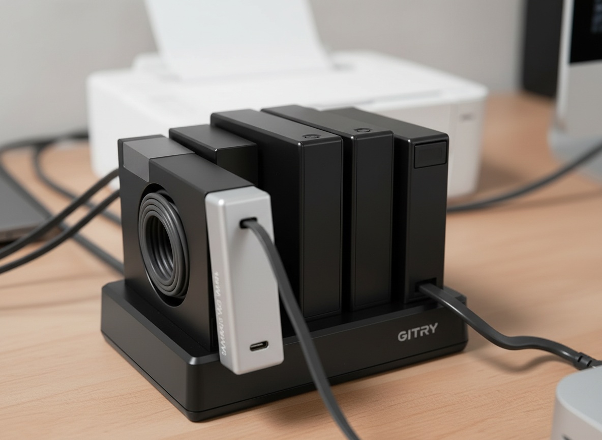 Macro close-up of five 140W USB-C charging blocks with retractable cables stacked together