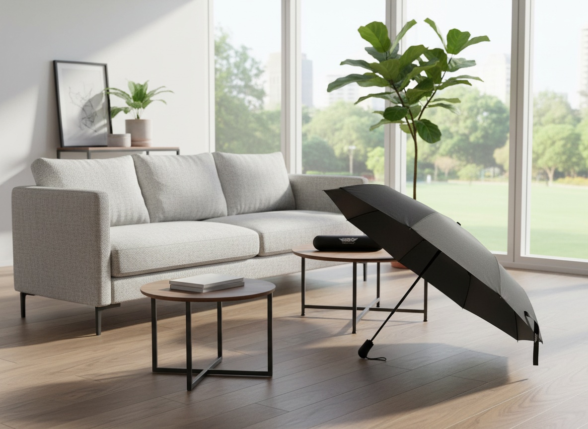 HERO umbrella open in a living room with its compact carrying case on a coffee table