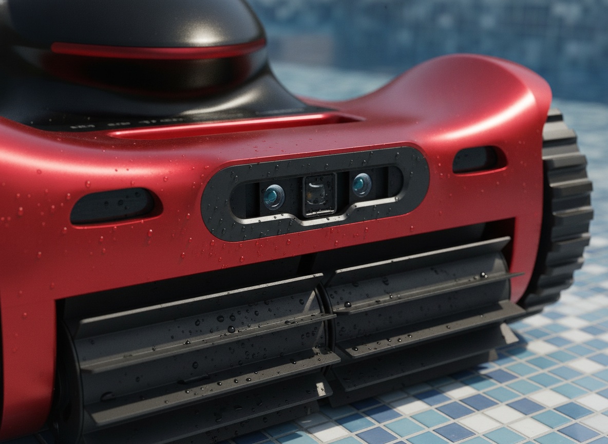 Macro close-up of iGarden M1 robotic cleaner's dual cameras and brush detail with water droplets