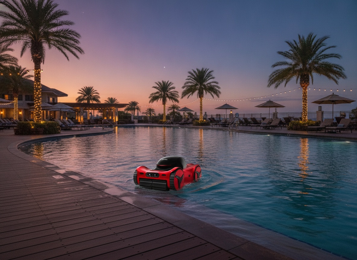 iGarden M1 pool cleaner working at waterline in full in-ground pool environment during evening