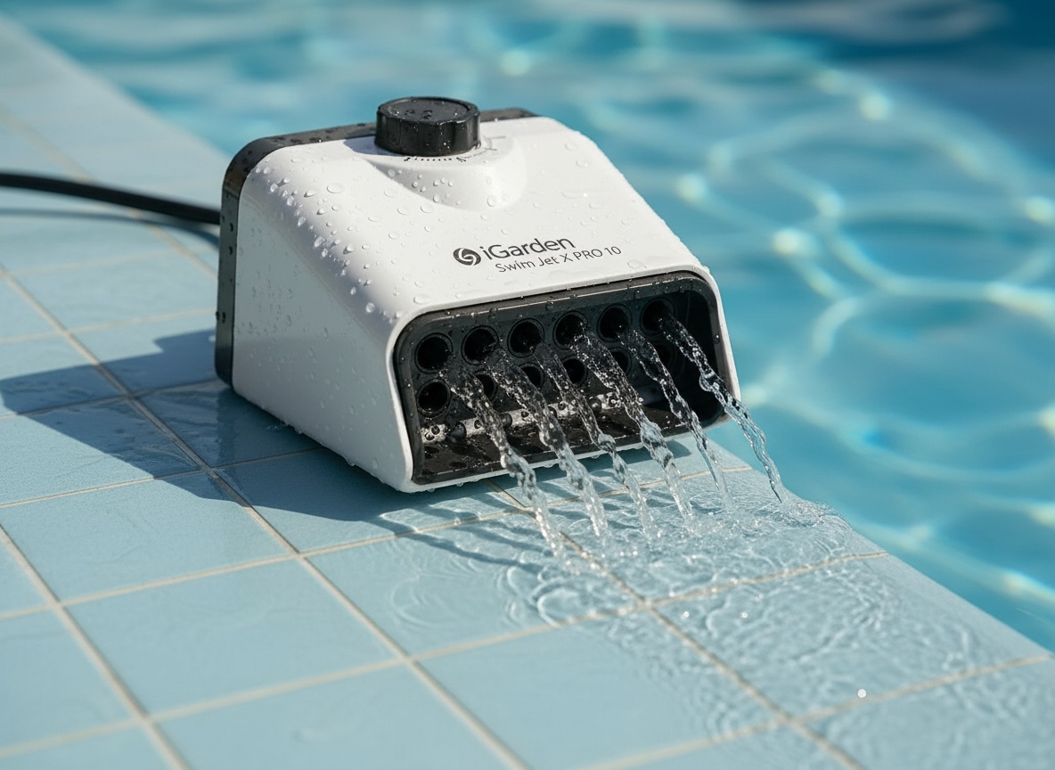Close-up of iGarden Swim Jet X PRO 10 jet nozzle with adjustment dial and water droplets on wet surface