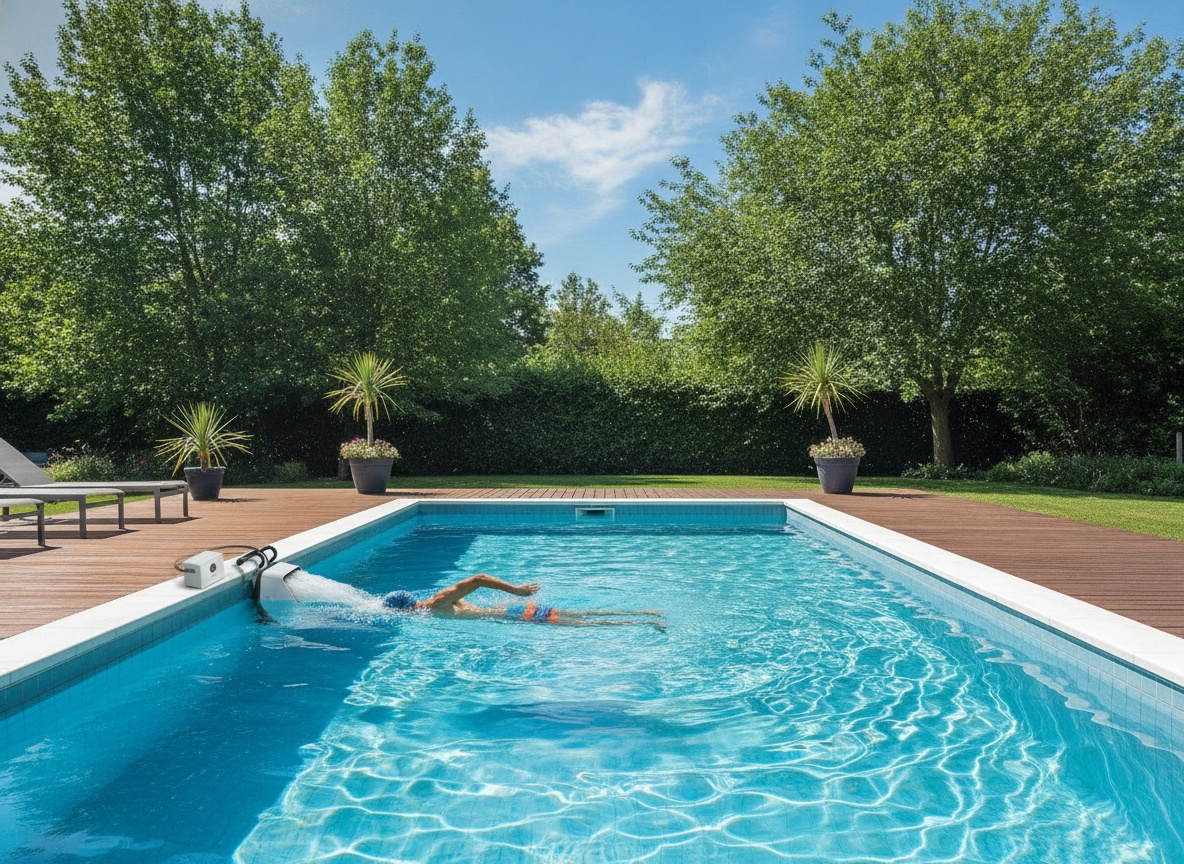 iGarden Swim Jet X PRO 10 installed at edge of backyard swimming pool with deck and landscape visible