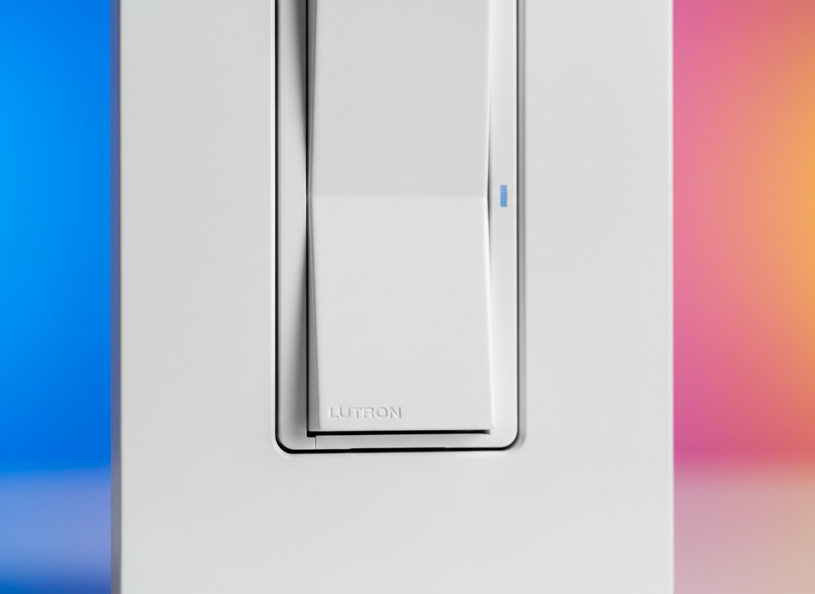 Lutron Caseta white smart switch shown in extreme close-up with focus on the dimmer control dial and clean faceplate design