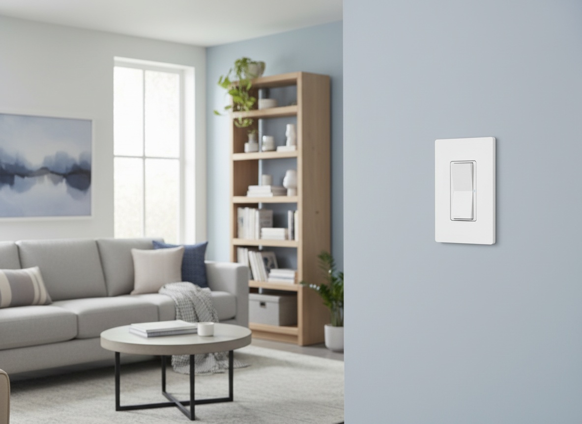 White Lutron Caseta smart switch mounted on a living room wall near bookshelves in a fully furnished modern home setting