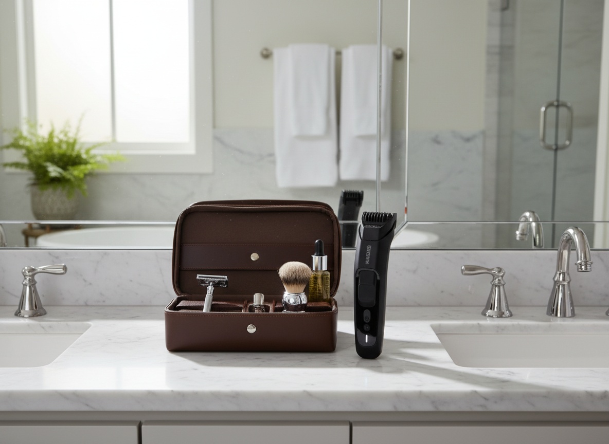 Beard Hedger Plus trimmer positioned on a bathroom vanity counter with grooming accessories and natural morning light