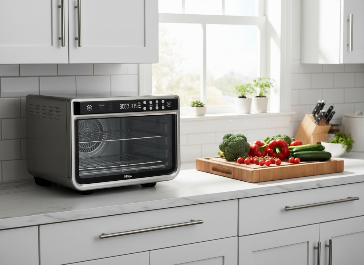 Ninja Foodi XL Pro positioned on a kitchen counter with fresh ingredients nearby in natural light