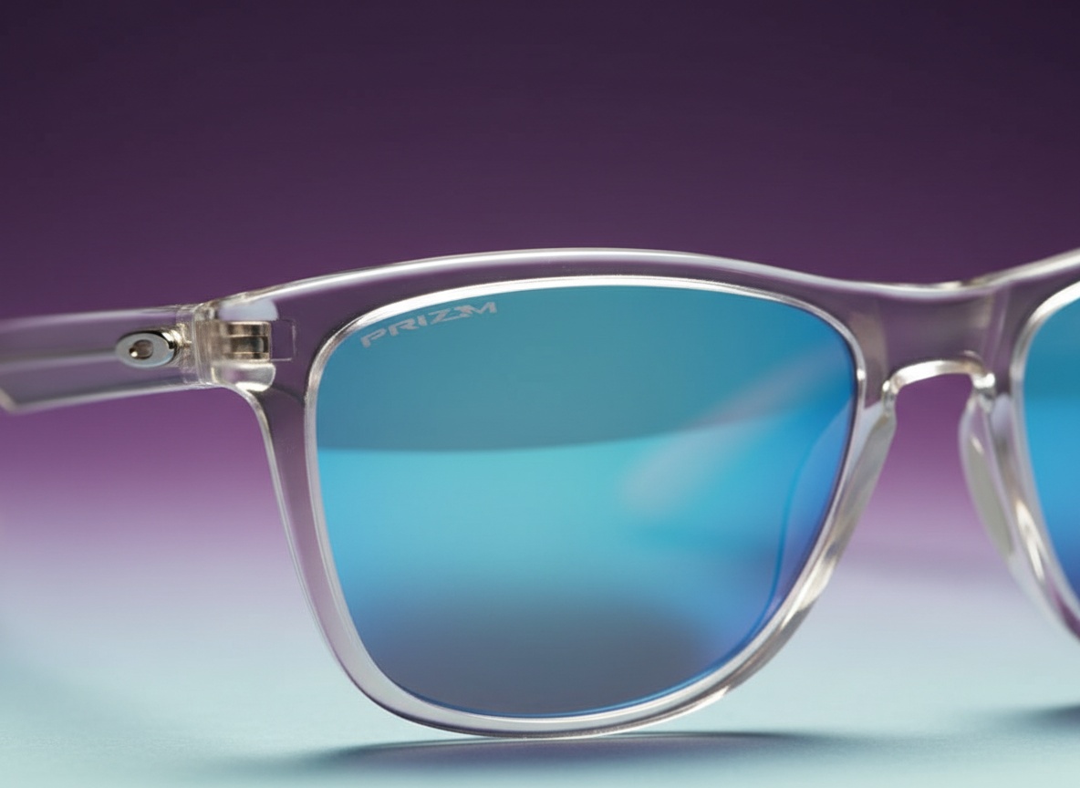 Macro close-up of Oakley Frogskins sunglasses showing lens detail and metal hinge construction