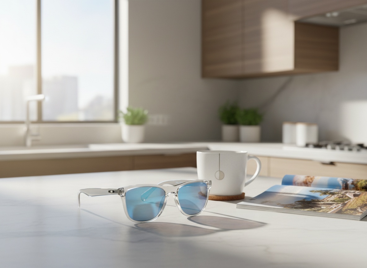 Oakley Frogskins sunglasses on a bright kitchen counter next to coffee and reading materials