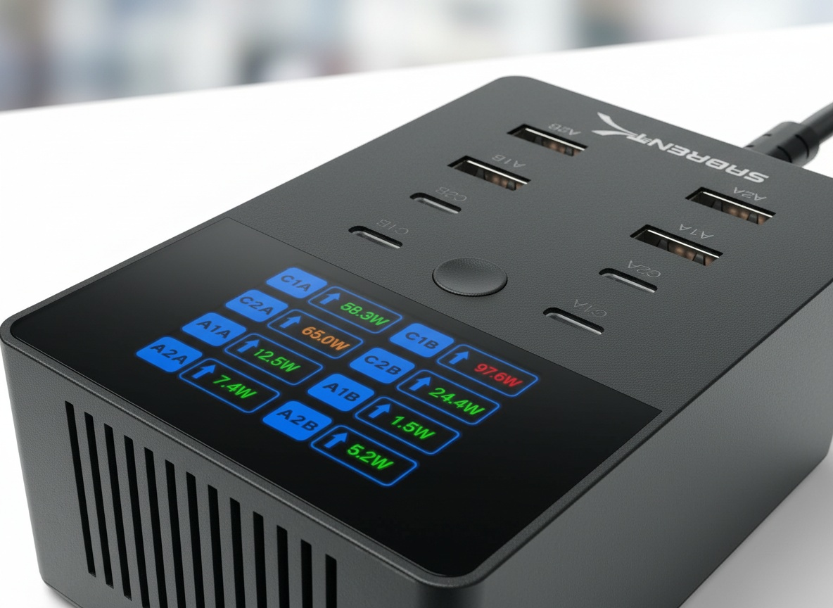 Macro close-up of SABRENT VOLTIK's eight USB ports and illuminated LCD display