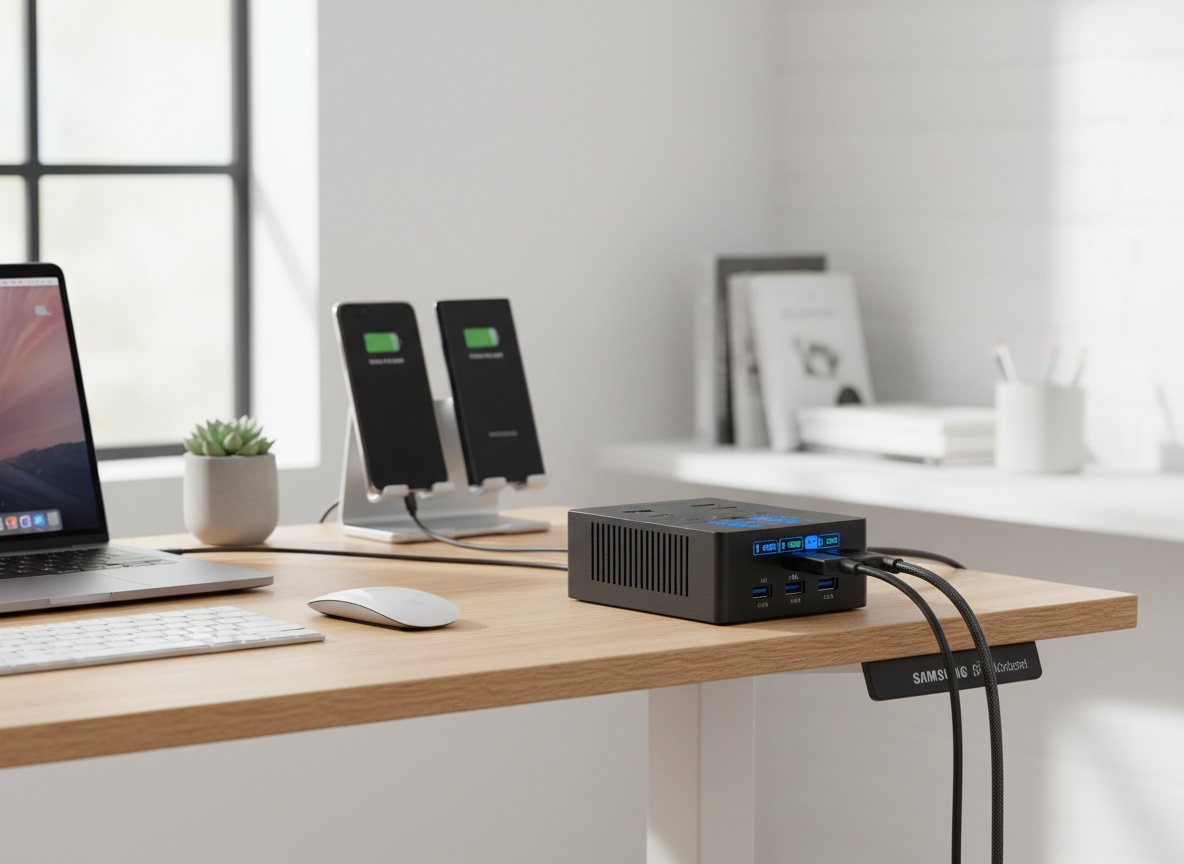 SABRENT VOLTIK charging station on desk powering multiple devices in modern office setting