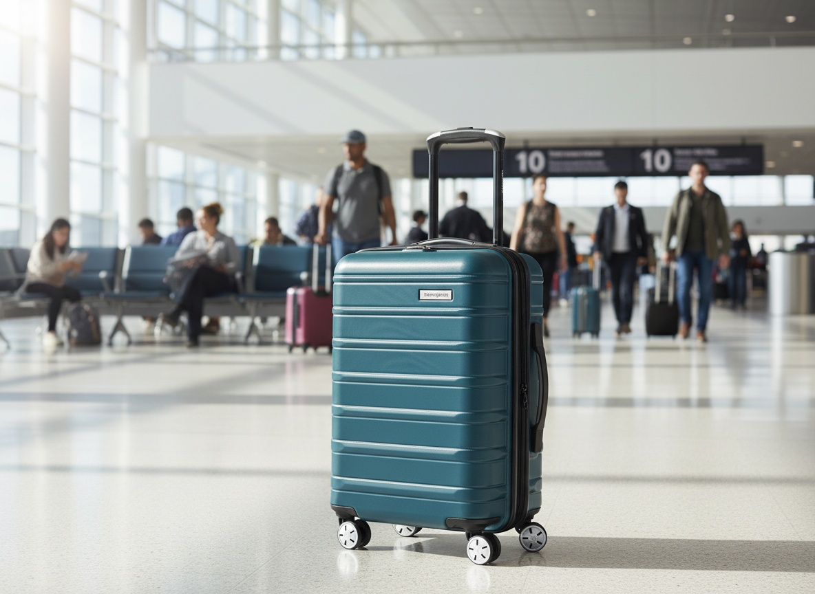 Omni 2 luggage standing upright in an airport terminal gate area with seating visible in the background